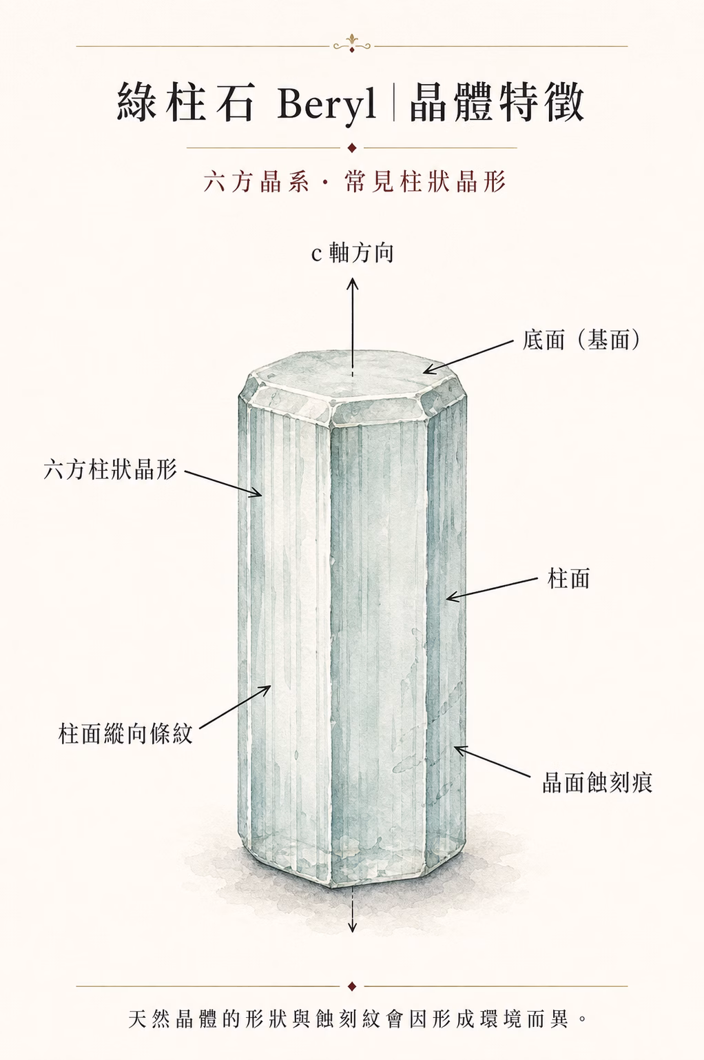 淡水藍色綠柱石六方柱狀晶體示意圖,標示 c 軸、底面、柱面、縱向條紋與晶面蝕刻痕